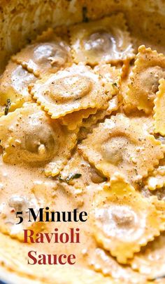 an image of ravioli sauce in a pan with the words 5 minute ravioli sauce