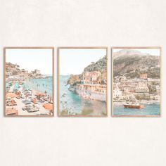 three pictures of boats on the water and mountains in the background