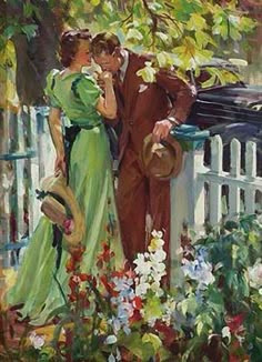 a painting of a man and woman standing on a porch with flowers in the foreground