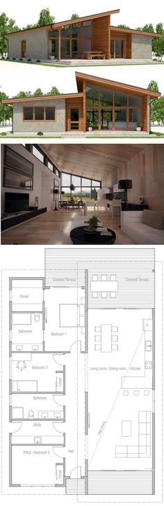 two story house plans with open floor plan and large living area in the middle, on top