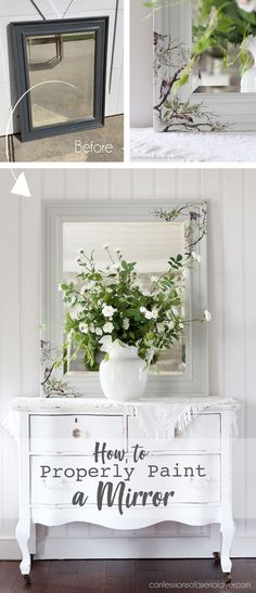 an old dresser is transformed into a mirror and vase with flowers in it for spring