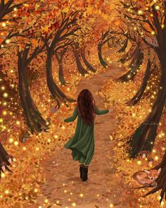 a painting of a girl walking down a path in an autumn forest with falling leaves