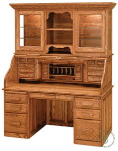 a wooden desk with drawers and cupboards