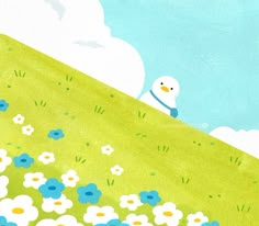 a painting of a white bird sitting on top of a green hill surrounded by blue and white flowers