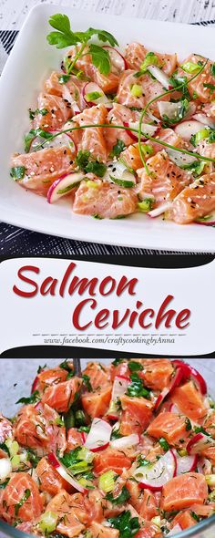 salmon cevichche with onions, radishes and herbs in a serving dish