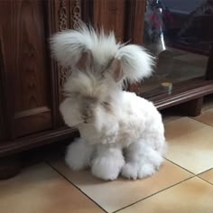 a small white dog sitting on top of a tile floor next to a wooden cabinet