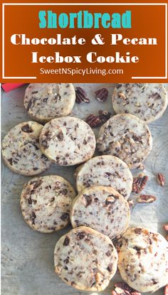 chocolate and pecan icebox cookies on a baking sheet with pecans in the background