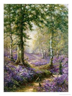 a painting of a forest with purple flowers on the ground and trees in the background