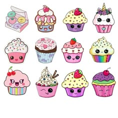 a bunch of cupcakes with different designs on them