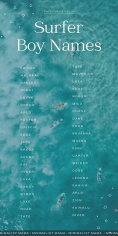 the cover of surfer boy names, with people swimming in the ocean behind it and above them