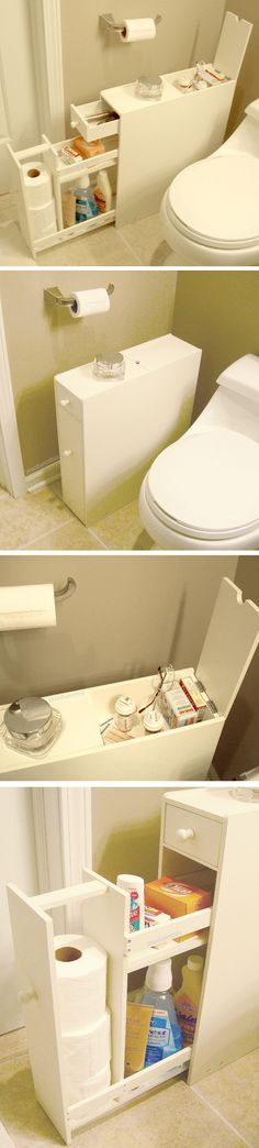 three pictures of the inside of a bathroom with toilet paper and other items in it