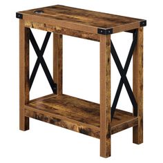 a wooden table with two black straps on the legs and one shelf below it, against a white background