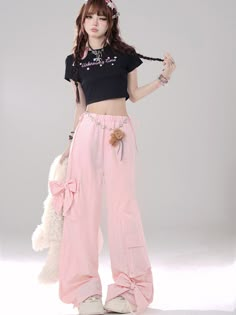 This pair of pants features an elastic waist design with tie bands on both sides, allowing you to adjust the waist size as desired. It has a cargo pocket on the leg adorned with a bow, and the cuffs are designed with elastic bands and also decorated with bows, adding a stylish touch.  The price includes only one pair of pants.   	 		 			Size 			S 			M 			L 			XL 		 		 			Length 			101 			103 			105 			107 		 		 			Waist 			62 			66 			70 			74 		 		 			Hips 			112 			116 			120 			124 Kawaii Cargo Pants Outfit, Japanese Fashion Women Street, Cinnamoroll Costume, Harajuku Fashion Outfits, Bow Pants, Pink Pants Outfit, Japanese Fashion Women, 2024 Clothes, Fashion 2025