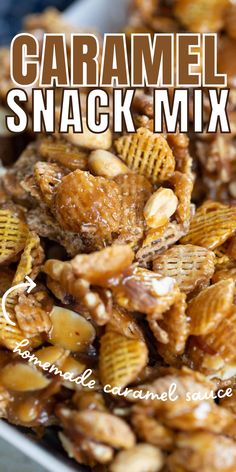 homemade caramel snack mix in bowl broken into pieces Caramel Trail Mix Recipes, Snacks With Caramel, Caramel Cereal Snack, Caramel Crispix Snack Mix Recipe, Carmel Nuts Easy Recipes, Chex Mix Recipes Caramel, Carmel Pecan Chex Mix Recipes, Chec Mix Recipe Caramel