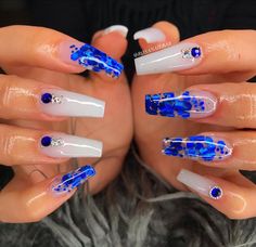 Royal Blue Coffin Nails, Long Coffin Nails, Quinceanera Nails, Blue Coffin Nails, Royal Blue Nails, Long Acrylic Nail Designs, Blue Acrylic Nails, Short Coffin Nails, White Acrylic Nails