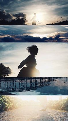 three different images of the same person sitting on a bench in front of a body of water