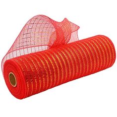 a roll of red mesh on top of a white background with an orange ribbon around it