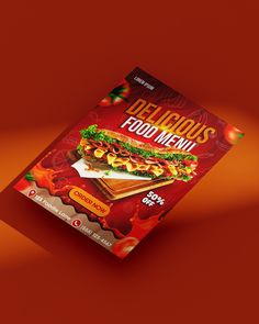 a book cover for delicious food menus on an orange background with red and yellow colors