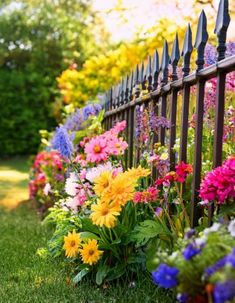 A cottage garden with an iron fence surrounded by vibrant flowers, including yellow daisies, pink geraniums, and purple delphiniums. Colorful Cottage, Iron Fence, Geraniums