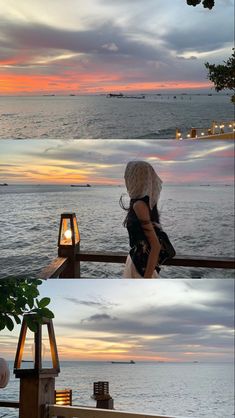 two pictures of the same person standing in front of an ocean at dusk and then looking out to sea