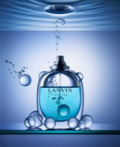 an advertisement for lanvin's new perfume is shown in the water with bubbles around it