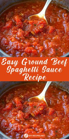 easy ground beef spaghetti sauce recipe in a pot with a wooden spoon and text overlay that reads easy ground beef spaghetti sauce recipe