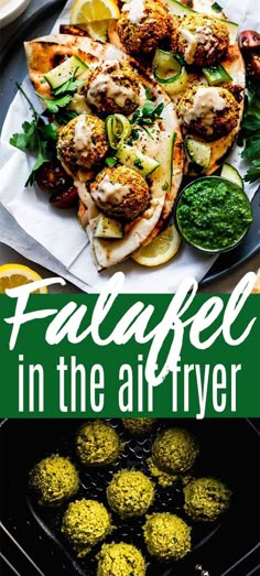 the cover of falafel in the air fryer with lemons, cucumbers and other appetizers