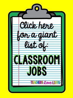 a clipboard with the words classroom jobs written in black and green ink on it