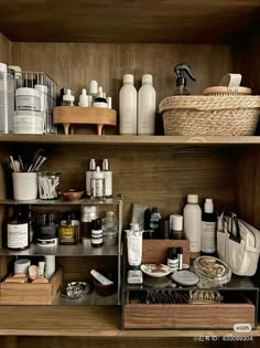 the shelves are filled with many different types of personal care products and hygiene items in baskets