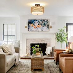 a living room filled with furniture and a fire place in front of a painting on the wall