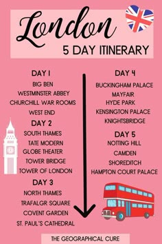 the london 5 day itinerary is shown on a pink background with an arrow pointing to