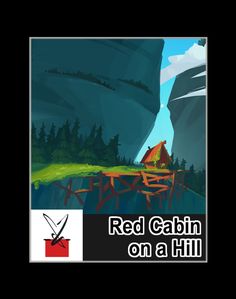 a red cabin on a hill with a knife in the foreground and mountains in the background