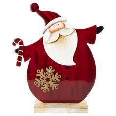 a red and white santa clause figurine holding a candy cane