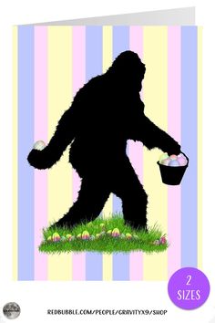 a bigfoot holding a bucket full of eggs in front of a striped background with the words 2 sizes below it