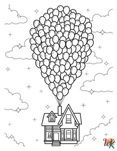 a house with balloons floating from it's roof and the sky in the background