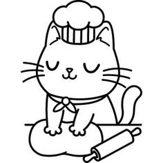 a black and white drawing of a cat wearing a chef's hat