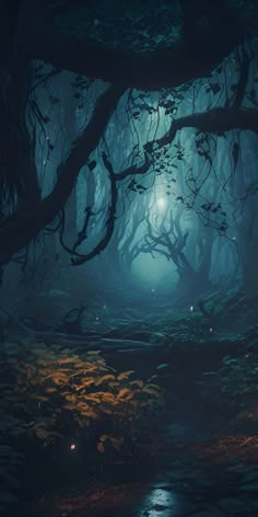 a dark forest filled with lots of trees next to a river under a full moon