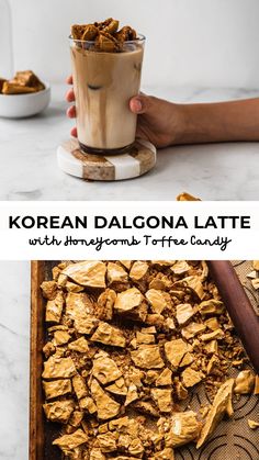 Dalgona latte with honeycomb toffee Honeycomb Toffee, Korean Drink, Korean Drinks, Korean Cafe, Toffee Candy, Coffee Treats