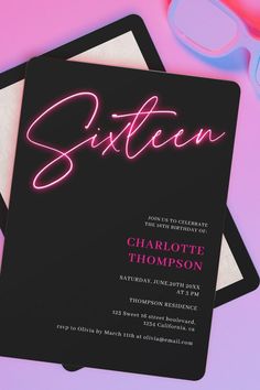 a black and pink birthday party card with the word sixteen on it next to some glasses