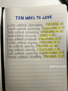 an open notebook with the words ten ways to love written on it