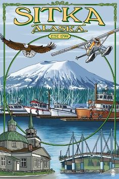 the alaska postcard features an image of mountains, boats, and seagulls