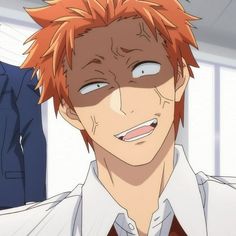 an anime character with red hair wearing a white shirt and tie, looking at the camera