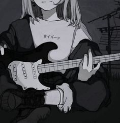 a girl with long blonde hair is playing an electric guitar