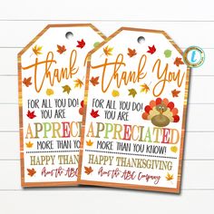 two thanksgiving gift tags with the words, thank you for all you do are appreciation