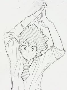 a drawing of an anime character holding his head in the air