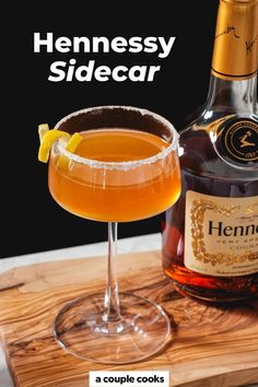 This Hennessy Sidecar recipe is the best way to use this popular Cognac! Blend it with Cointreau and lemon for the perfect classic sour cocktail. Hennessy Sidecar Recipe, Hennessy Lemon Drop, Hennessy Sidecar, Sidecar Drink, Sidecar Recipe, Hennessy Drinks, Friday Cocktails, Sidecar Cocktail