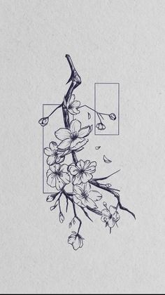 an ink drawing of a branch with flowers on it and a square in the middle