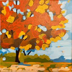 an oil painting of a tree with yellow leaves