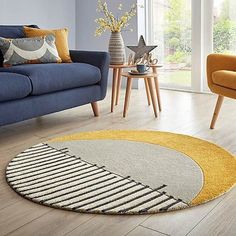 Enhance the aesthetic of your living space with our stylish round rug featuring a modern design of yellow and grey stripes. Made from Premium Quality Wool, this rug is not only visually appealing but also durable and easy to maintain. Perfect for adding a pop of color to any room, this versatile piece will complement a variety of decor styles. Size: 9' x 9'.  Color: Multicolor.  Pattern: solid. Bedroom Drawing, Artisan Rugs, Circle Rug, Round Rug, Hand Tufted Rugs, Tufted Rug, Round Rugs, Bedroom Rug, 인테리어 디자인