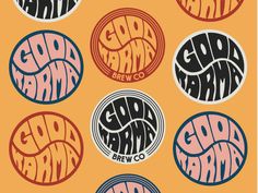 six stickers with the words good arm and god arm written in different colors on them